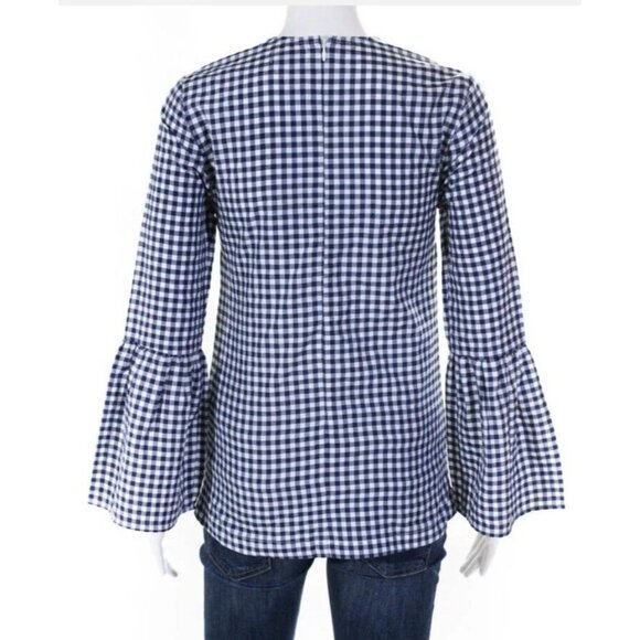 MLM Label Long Ruffle Sleeves Blue Check Blouse Size XS Back Zipper - Picture 3 of 3